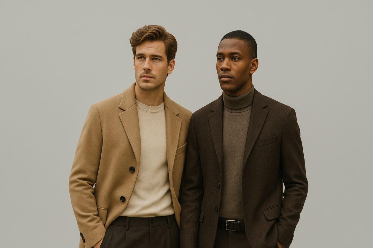 Two men in suits with 'EVLV' branding and promotional text on a beige background